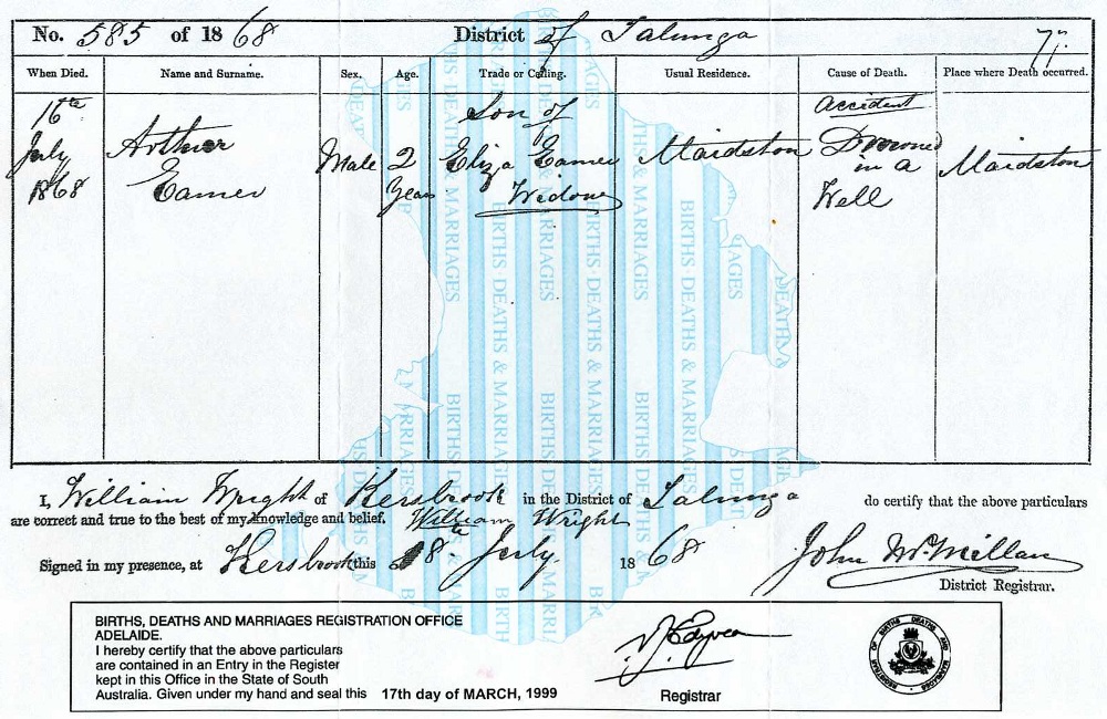 Arthur Eamer - Death Certificate