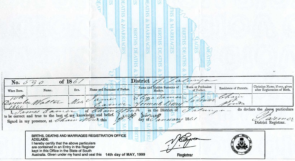 Walter Eamer - Birth Certificate