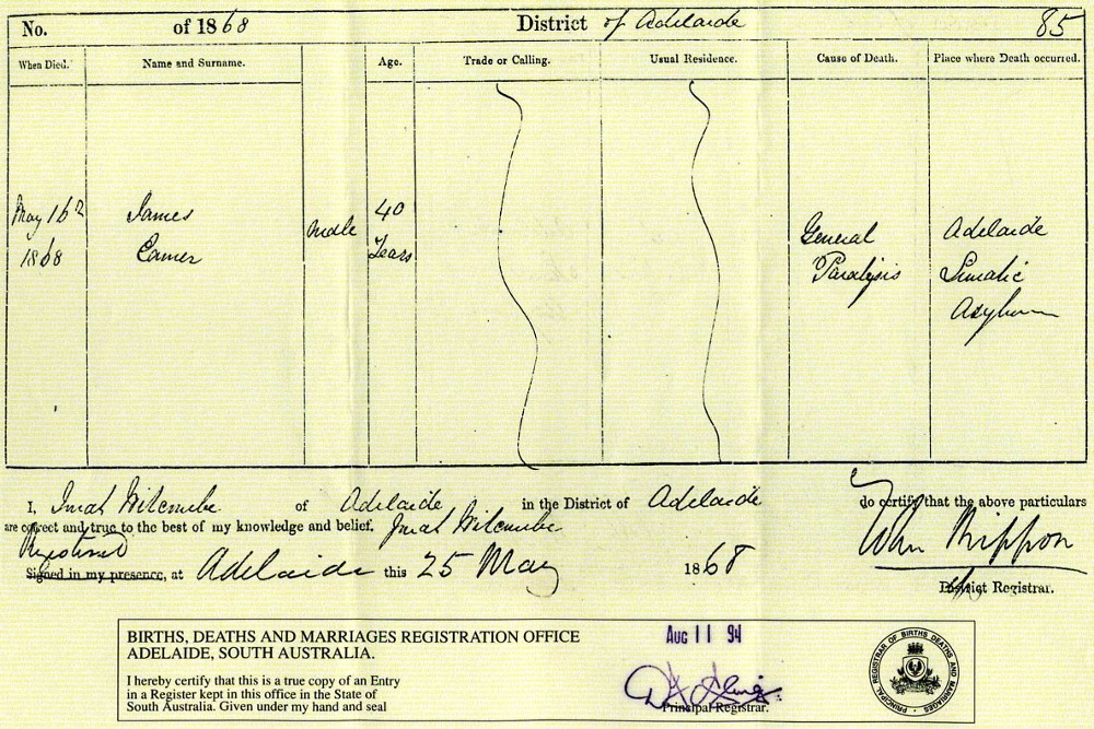 James Eamer - Death Certificate