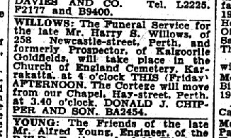 Henry Sleddell Willows - Death Notice