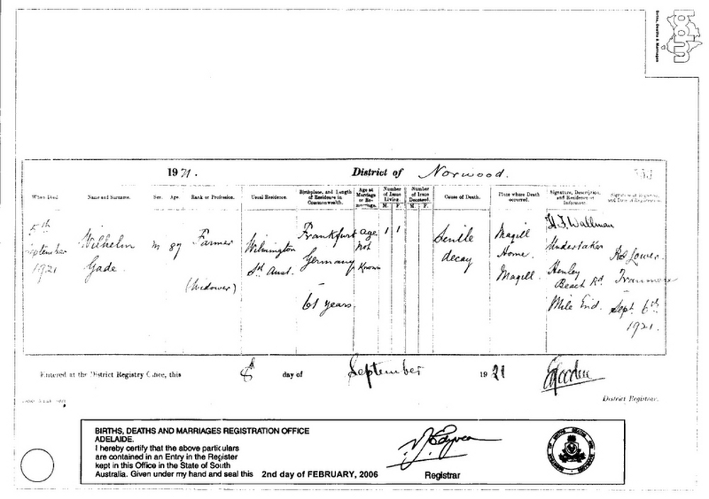 Wilhelm Gade - Death Certificate